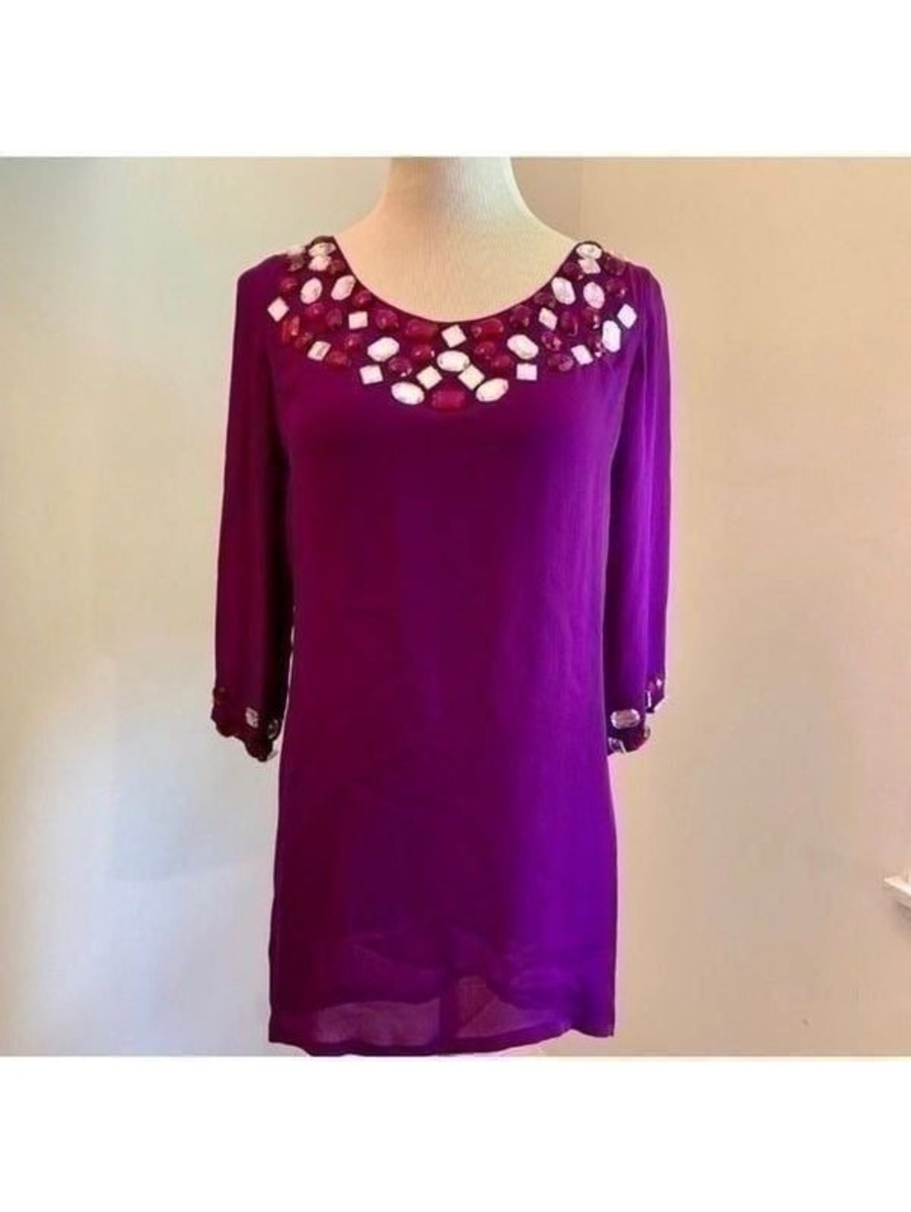 Roberta Freymann Embellished Purple Shift Dress Sz M